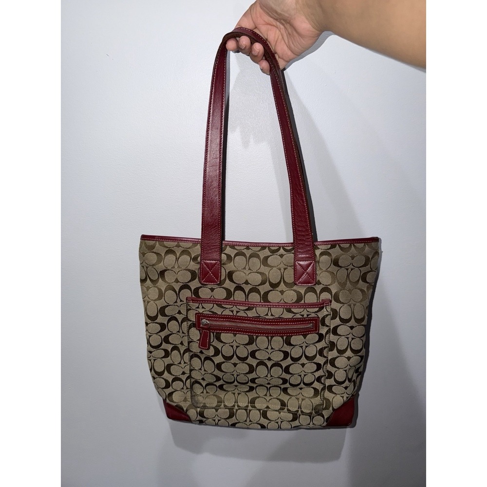 COACH Signature Canvas Tote Bag 6071 Beige Red Leather Trim Women Hamptons F